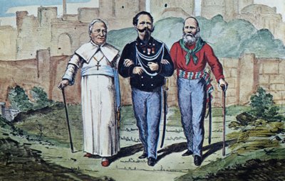 La Perfetta Trinità: Papa Pio IX, Vittorio Emanuele II e Garibaldi da Italian School